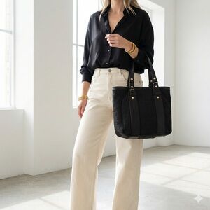 Vintage Fendi black canvas & leather Zucca Zucchino FF logo top handle tote bag